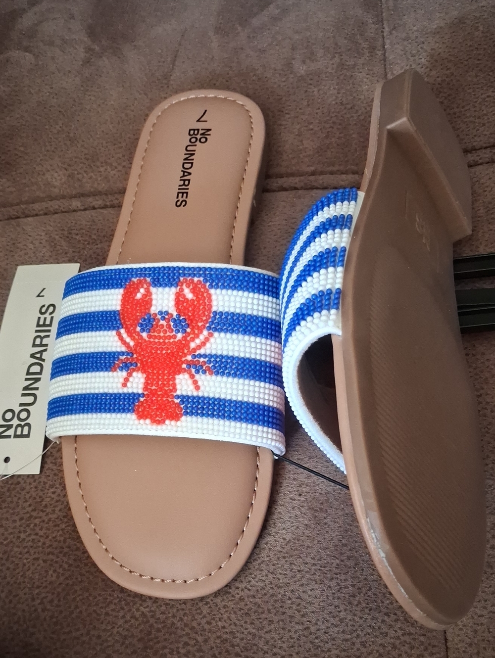 No Boundaries Blue & White Striped Slide Sandals with Red Lobster Design Size 7